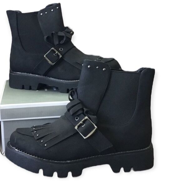 Black Buckle Studded Tassel Strap Slip On Combat Boots NEW - Picture 4 of 4